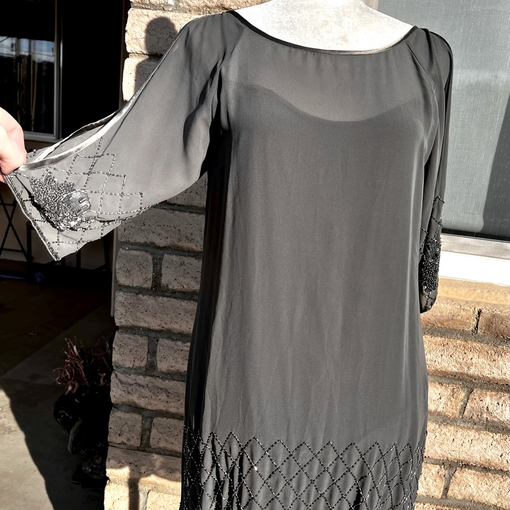 SINGLE Retro Gray Sheer Beaded Dress Slit Sleeves Slip Underneath Label Med 4/6